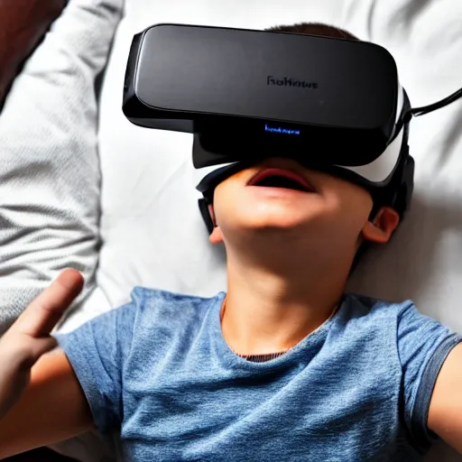Image similar to a stock photo of a boy laying in bed with a bunch of stuff wearing a VR-headset, featured on flickr, cluttered
