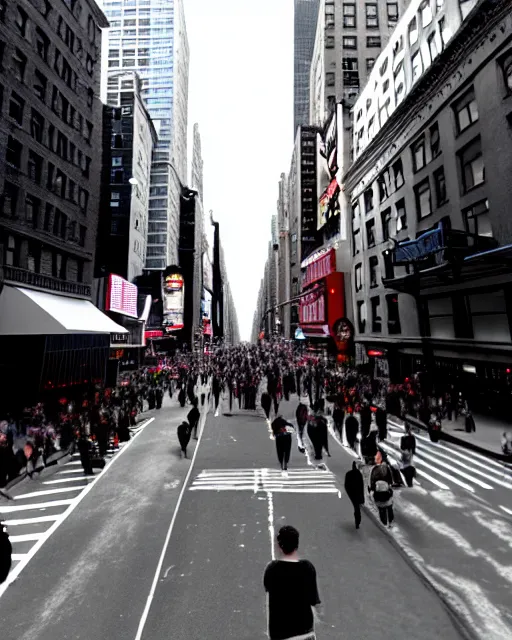 Image similar to photo of new york street with all people have hollow eyes and crazy grin on face