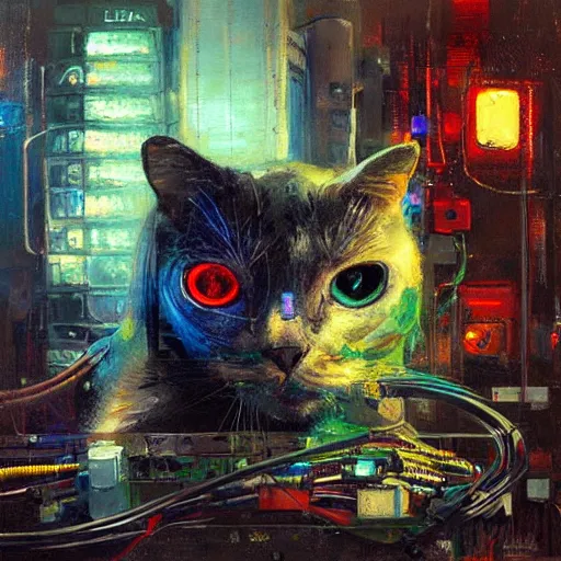 Image similar to robot cyborg cat, many wires and neon lights exposed, metal and glowing eyes, highly detailed painting by jeremy mann