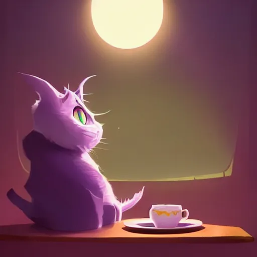 Image similar to cheshire cat drinking tea, in the style of atey ghailan and james gilleard and goro fujita, exquisite lighting, art, very coherent, trending on artstation