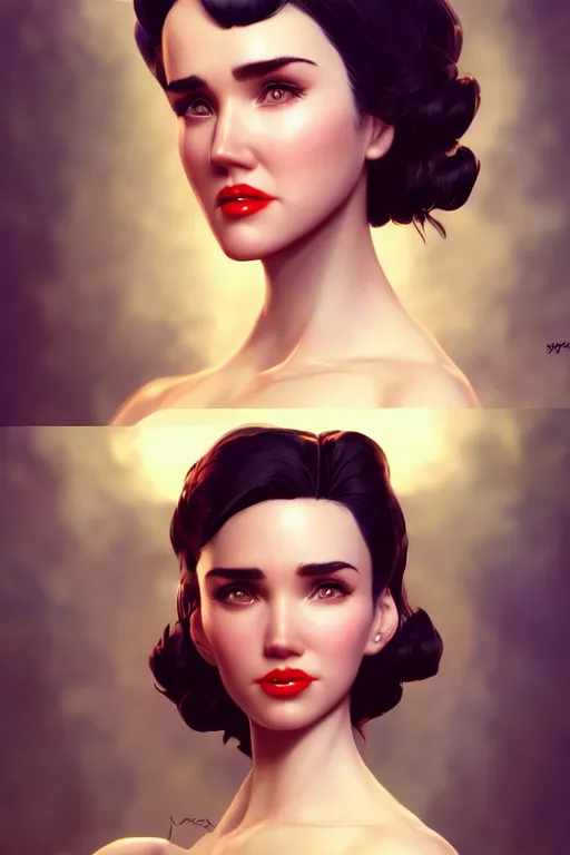 Image similar to a pin up and beautiful fashion charming dreamlke jennifer connelly, character art, art by artgerm lau and wlop and and ilya kuvshinov and john singer sargent, hyperdetailed, 8 k realistic, symmetrical, frostbite 3 engine, cryengine, dof, trending on artstation, digital art