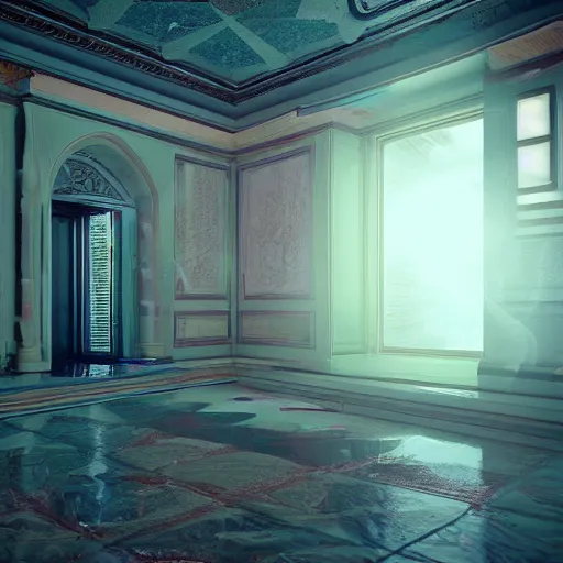 Image similar to liminal space interior of a vaporwave mansion high detail 3D rendered render in unreal engine 8K god rays volumetric lighting trending on art station