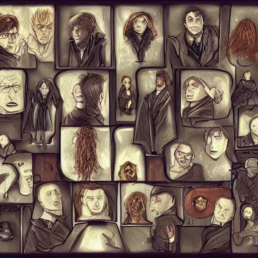 Image similar to Harry Potter characters, concept art, detailed, drawing