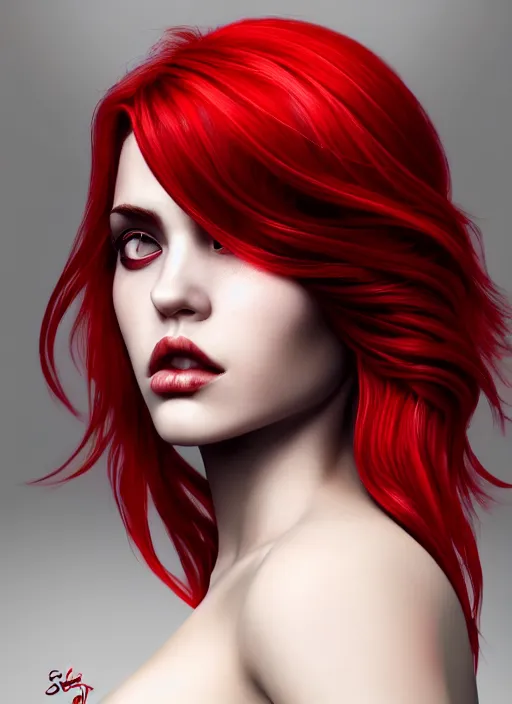 Image similar to photo of gorgeous woman with red and white half dye hair in the style of stefan kostic, realistic, half body shot, sharp focus, 8 k high definition, insanely detailed, intricate, elegant, art by stanley lau and artgerm, foggy backgeound