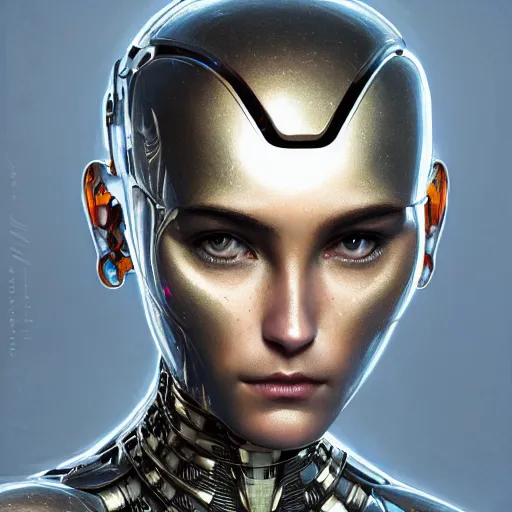 Image similar to headshot of humanoid robot from ex machina, intricate, headshot, highly detailed, digital painting, artstation, concept art, sharp focus, cinematic lighting, illustration, art by artgerm and greg rutkowski, alphonse mucha, cgsociety