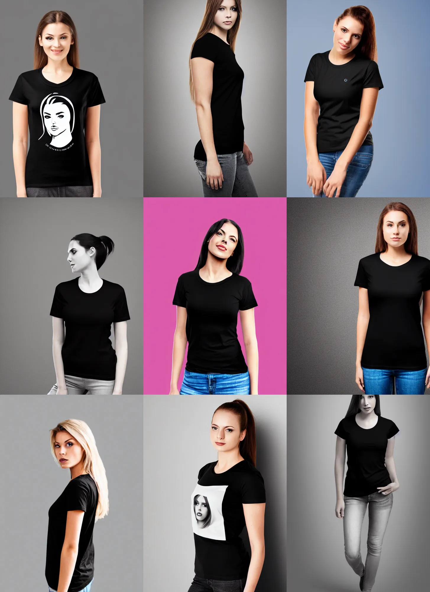 Prompt: mockup product photograph of a blank black tshirt on an attractive female model