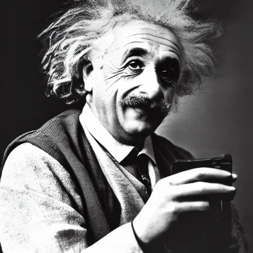 Prompt: alber Einstein showing his Samsung phone to camera , pov , full color picture