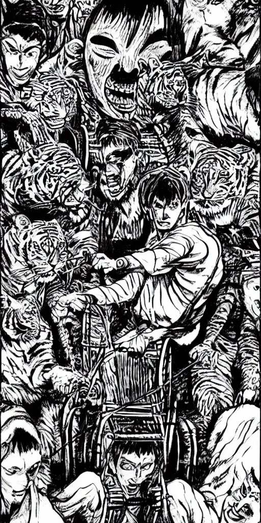 Image similar to man riding a chariot car being pulled by tigers colored and drawn by Junji Ito.