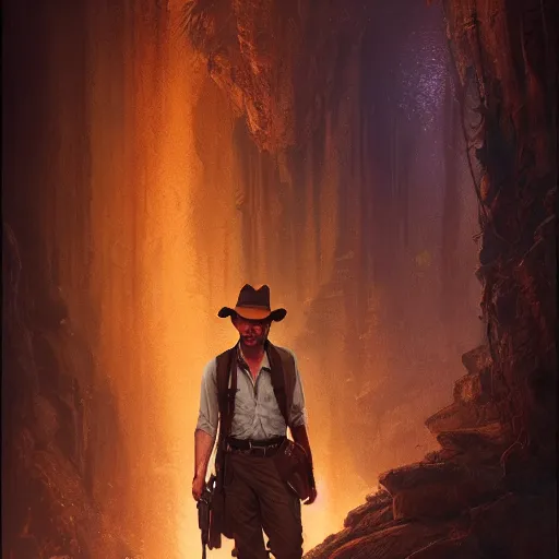 Prompt: Indiana Jones, trending on artstation, ultra detailed, 8k, character illustration by Greg Rutkowski, Thomas Kinkade.