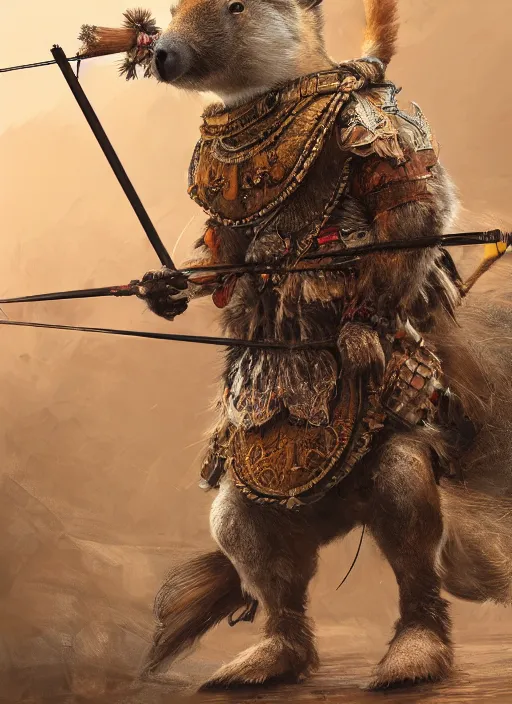 Image similar to detailed full body concept art illustration, soft focus, oil painting on canvas of an anthropomorphic capybara archer in full intricate clothing, biomutant, dystopian, micro detail, octane render, 4K