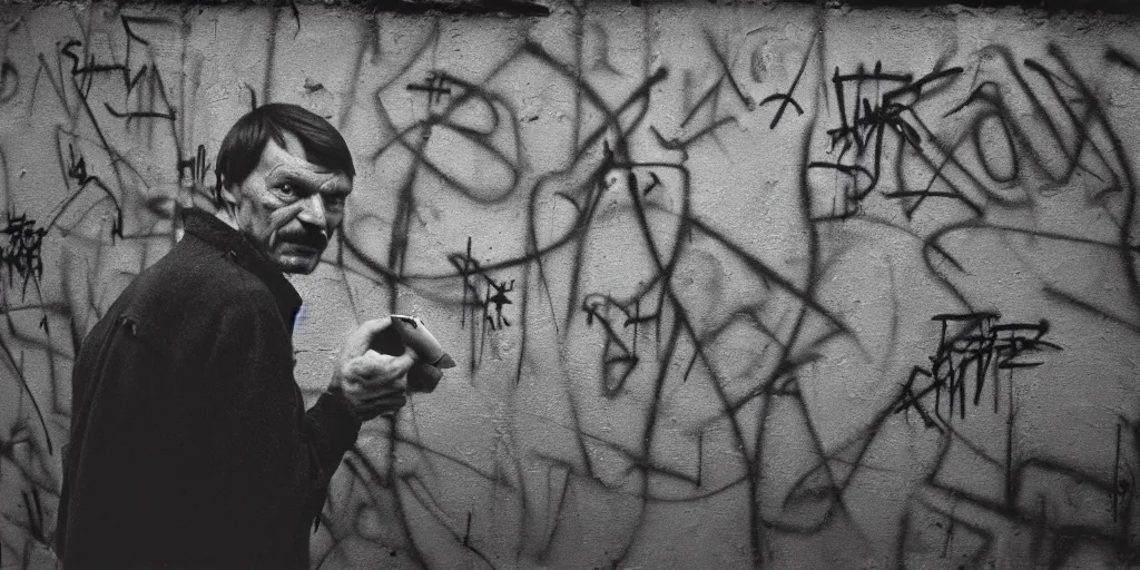 Image similar to detailed medium format photo, polaroid still from tarkovsky movie, dr. apple doing an amazing piece of graffiti on a wall, haze, high production value, intricate details, 8 k resolution, hyperrealistic, hdr, photorealistic, high definition, technicolor, award - winning photography, masterpiece, black and white, grungy