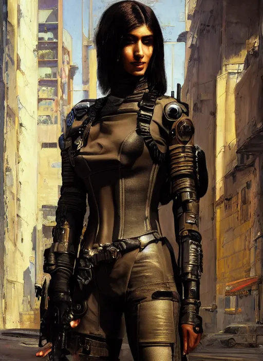 Prompt: Beautiful Sophia. beautiful cyberpunk assassin wearing a military vest and military stealthsuit (cyberpunk 2077). gorgeous face. african woman. Iranian orientalist portrait by john william waterhouse and Edwin Longsden Long and Theodore Ralli and Nasreddine Dinet, oil on canvas. Cinematic, hyper realism, realistic proportions, dramatic lighting, high detail 4k