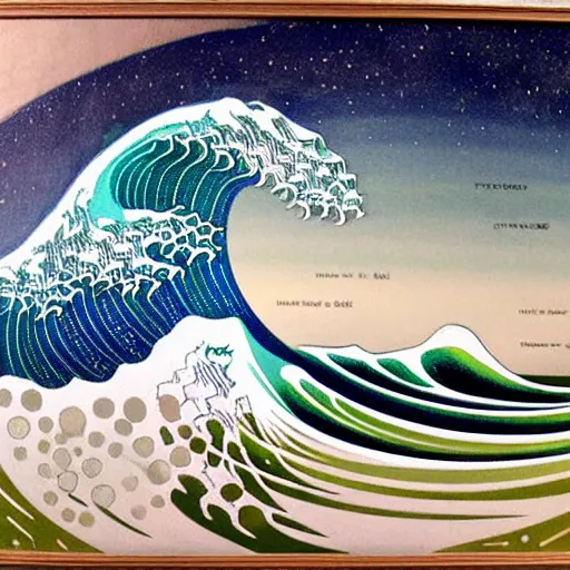 Image similar to beautiful wave made of mathematics, art nouveau, equations, astronomical, stars, equation fish, equation water, equation wave, math sea. oil paint, color, figurative. museum of modern art