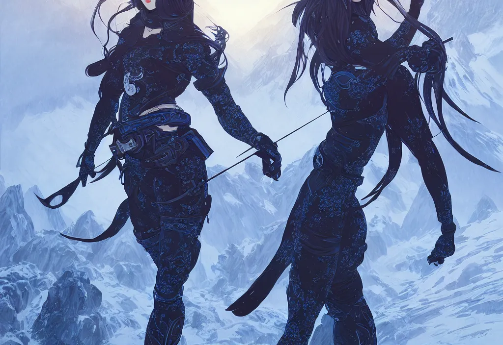 Image similar to portrait ninja gaiden girl, black and blue ninja wardrobe, at snowy fuji mountain sunrise, ssci - fi and fantasy, intricate and very very beautiful, detailed, digital painting, artstation, concept art, smooth and sharp focus, illustration, art by tian zi and wlop and alphonse mucha