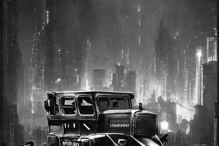 Image similar to cyberpunk 1 9 0 8 model ford t by paul lehr, beksinski, metropolis, parked by view over city, vintage film photo, robotic, black and white photo