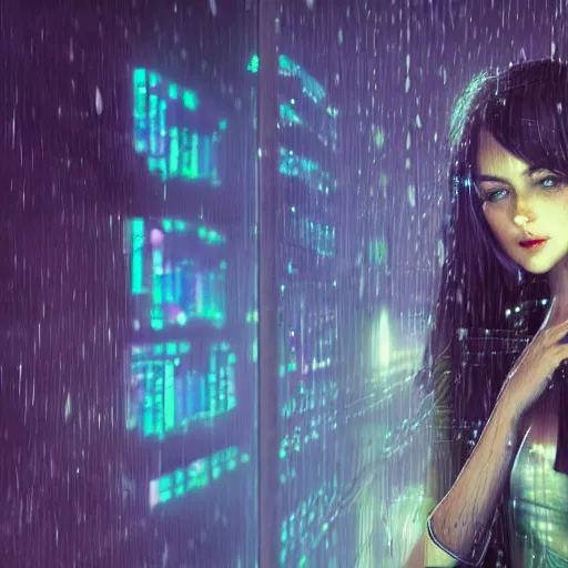 Image similar to hyperdetailed beautiful girl in the rain interacting with a holographic interface on a wall in a future cyber punk style city trending on cgsociety