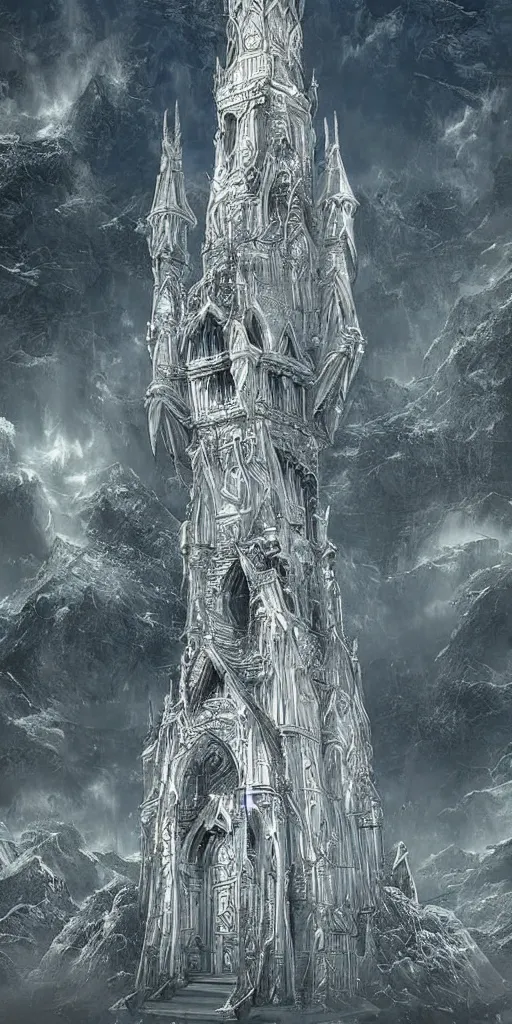 Image similar to elven architecture, tower made of silver, beautiful, tall, digital art