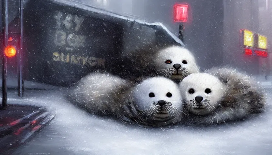 Prompt: highly detailed painting of cute furry white baby seals cuddled up in a cardboard box in a snowy dystopian cyberpunk street by william turner, by greg rutkowski, by artgerm, thick brush strokes and visible paint layers, 4 k resolution, retrowave colour scheme