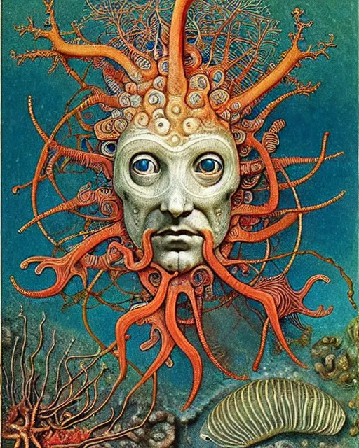 Image similar to realistic detailed underwater face portrait of the beautiful young god of the fish of the fractal waters with an intricate headgear of corals, sea kelp, sea plants, fish, starfish, jellyfish, art by ernst haeckel, hieronymus bosch, gothic, neo - gothic, ornamental, beautiful deep colours,