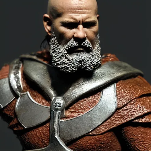 Image similar to of a 3d clay model of a viking from valhalla, ultra fine detail, hair strands, ultra high resolution, fine texture detail, miniature painting techniques, perfect proportions, marvel cinematic universe, eric bana