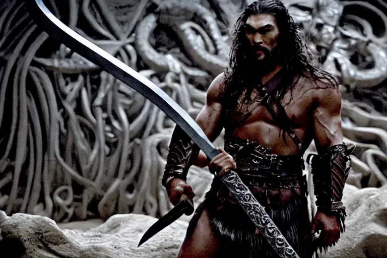 Image similar to 7 0 mm film still from conan the barbarian, jason momoa as conan with a giant sword wearing ornate dragon armor in the wet catacombs of skulls and snakes, cinematic, volumetric lighting, mist, wet skin and windblown hair, muscular!!!, heroic masculine pose, ridley scott