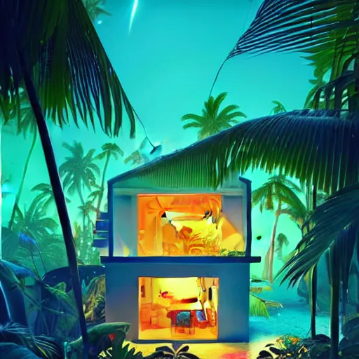 Image similar to a luminescent tropical cottage by paolo eleuteri serpieri and tomer hanuka and chesley bonestell and daniel merriam and tomokazu matsuyama, unreal engine, high resolution render, featured on artstation, octane, 8 k, highly intricate details, vivid colors, vector illustration