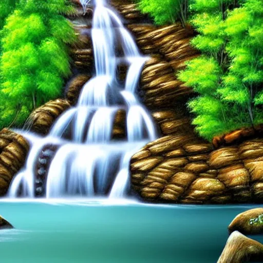 Prompt: A beautiful waterfall landscape painting, digital art