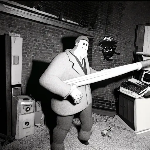 Image similar to a photograph of a man destroying a computer with a baseball bat, by gary baseman, robert crumb, jim henson, photorealistic, surreal, high contrast, film photography