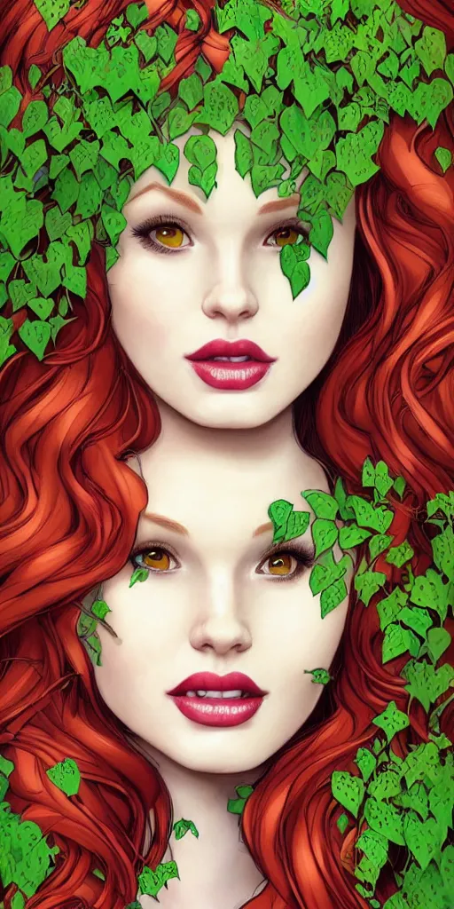 Prompt: beautiful Madelaine Petsch poison ivy DC comics, evil smile, full body green dress, realistic character concept, fun pose, comic book, illustration, slender symmetrical face and body, surrounded by vines flowers and plants, artstation, cinematic lighting, hyperdetailed, high resolution, Charlie Bowater, Tom Bagshaw, single face, insanely detailed and intricate, beautiful
