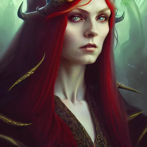 Prompt: Portrait of serious female elven priest, D&D, green eyes, face, long red hair, demon wings, fantasy, intricate, elegant, highly detailed, digital painting, artstation, concept art, smooth, sharp focus, illustration, art by artgerm and greg rutkowski and alphonse mucha