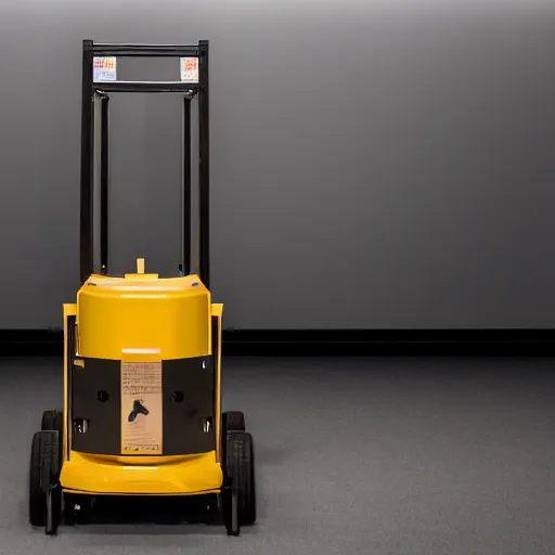 Image similar to a photo of an exhibition of a pure gold pallet truck, in a modern museum, spot lights on the pallet truck, black background.