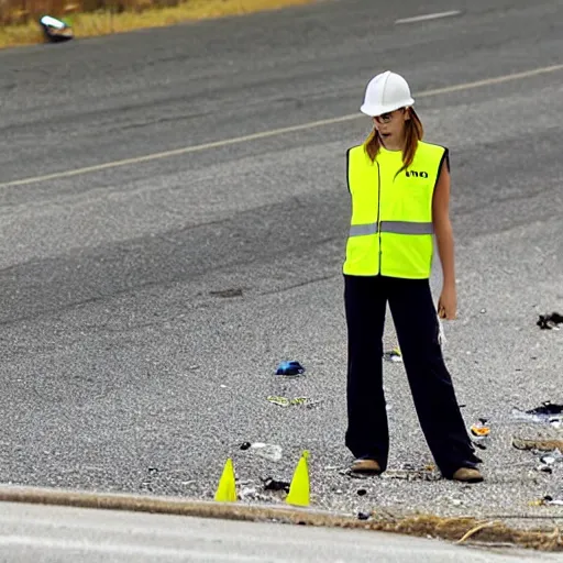 Image similar to emma watson in a hi vis vest picking up trash on the side of the interstate,