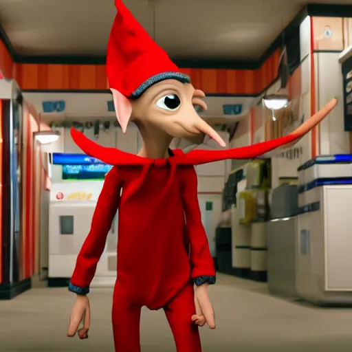 Image similar to dobby the elf robbing a gas station, volumetric lighting, octane render, 4 k resolution,