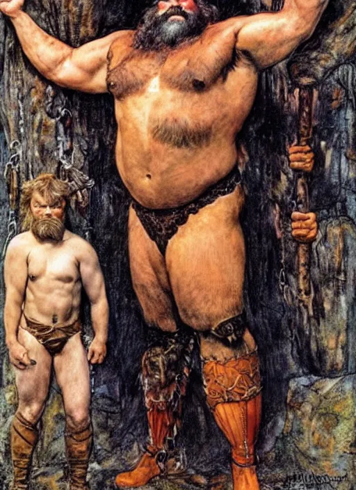 Image similar to eddie hall as hercules dressed in animal skins, by jlawrence alma tadema and rick berry and norman rockwell and greg staples