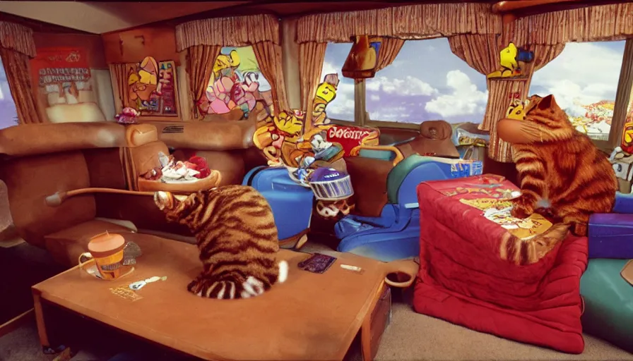 Image similar to 1990s photo of inside the Garfield's Wild Dream ride at Universal Studios in Orlando, Florida, riding a box with a blanket, with Garfield the cartoon cat, through a living room filled lasagna, coffee cups, and lava lamps, cinematic, UHD