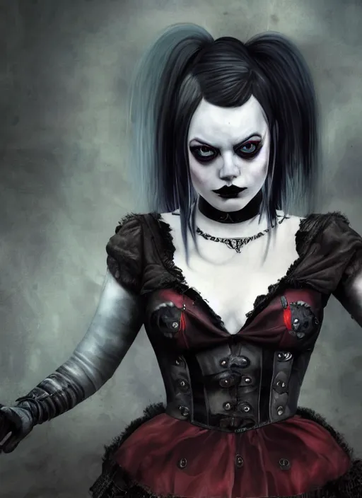 Image similar to goth gothic portrait of emma stone as harley quinn, graveyard, full moon, mist, hyper detailed, digital art, cinematic lighting, studio quality, smooth render, unreal engine 5, octane rendered, art style by klimt and nixeu and ian sprigger and krenz cushart.