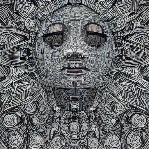 Image similar to Geometrically surreal Artificial Intelligence Robot extremely high detail, photorealistic, intricate line drawings, dotart, album art in the style of James Jean