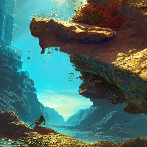 Prompt: man diving next to underwater box of treasure, beautiful dynamic lighting, cinematic, wide angle establishing shot, extremely high detail, photo realistic, cinematic lighting, post processed, concept art, artstation, matte painting, style by frederic church, raphael lacoste, unreal engine 8k