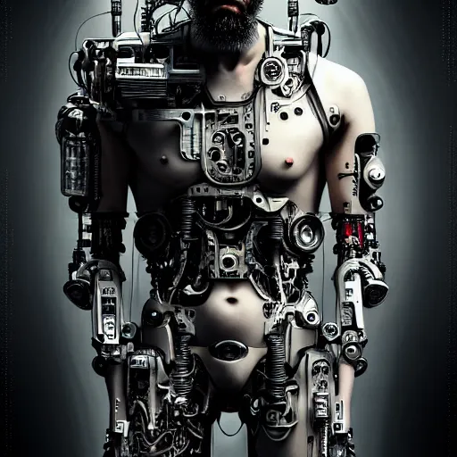 Image similar to ultra realist intricate detailed pin - up painting of a single rugged cyborg male, bearded face and cyborg tech on body and legs, symmetry accurate features, cyberpunk, industrial, apocalyptic, very intricate details, focus, high resolution, 8 k resolution, dramatic lighting, artstyle hiraku tanaka, award winning