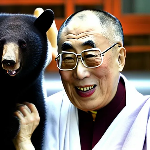 Image similar to kyoto and Dalai Lama smiling at a black bear