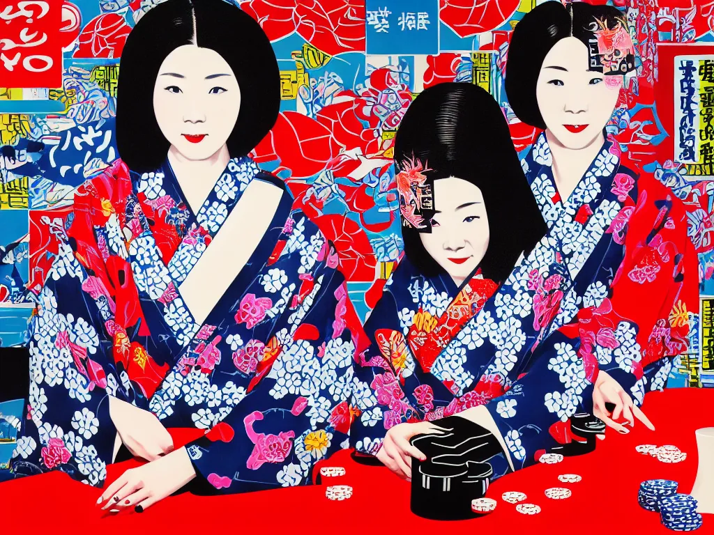 Prompt: hyperrealistim composition of the detailed single woman in a japanese kimono sitting at a extremely detailed poker table with darth vader, fireworks, river on the background, pop - art style, jacky tsai style, andy warhol style, acrylic on canvas