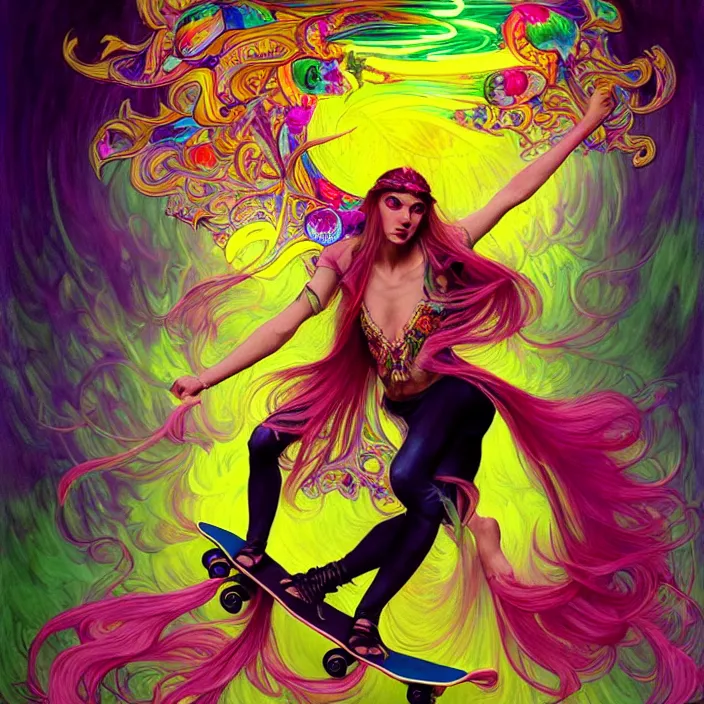 Image similar to bright psychedelic photo of a witch riding a skateboard in a supermarket, diffuse lighting, fantasy, intricate, elegant, highly detailed, lifelike, photorealistic, digital painting, artstation, illustration, concept art, smooth, sharp focus, art by John Collier and Albert Aublet and Krenz Cushart and Artem Demura and Alphonse Mucha