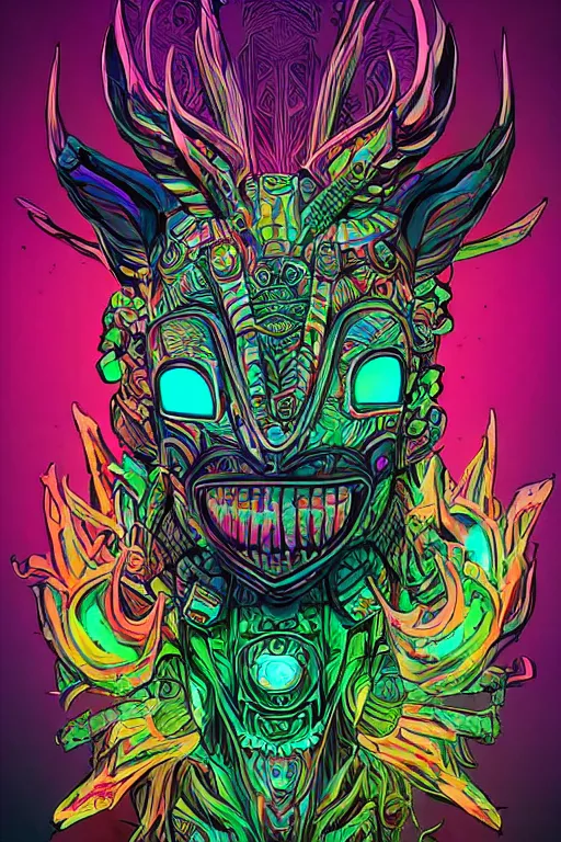 Image similar to totem animal tribal chaman vodoo mask feather gemstone plant video game illustration vivid color borderlands by josan gonzales and dan mumford radiating a glowing aura