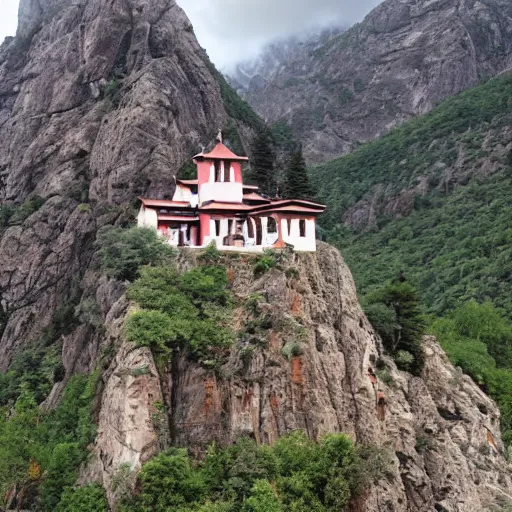 Prompt: a monastery on the rocks of a mountain, like the name of the rose