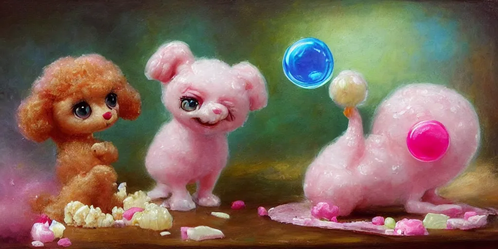Image similar to bubble gum ice cream made in the shape of 3 d littlest pet shop poodle, realistic, melting, soft painting, forest, desserts, ice cream, glitter, master painter and art style of noel coypel, art of emile eisman - semenowsky, art of edouard bisson