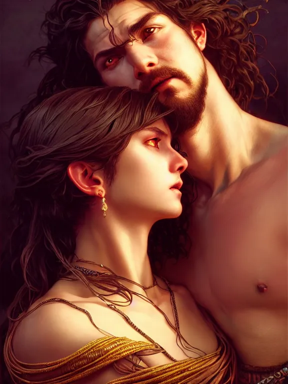 Image similar to samson and delilah, coveted, beautiful and aesthetic, intricate, unreal engine, messy hair, highly detailed, detailed face, smooth, sharp focus, chiaroscuro, renaissance illustration, artgerm, greg rutkowski, ilya kuvshinov, rossdraws, alphonse mucha, young adult light novel cover art