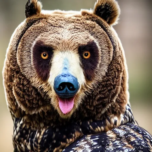 Prompt: a bear with a head of an owl, 8k, ultrarealistic, professional photography