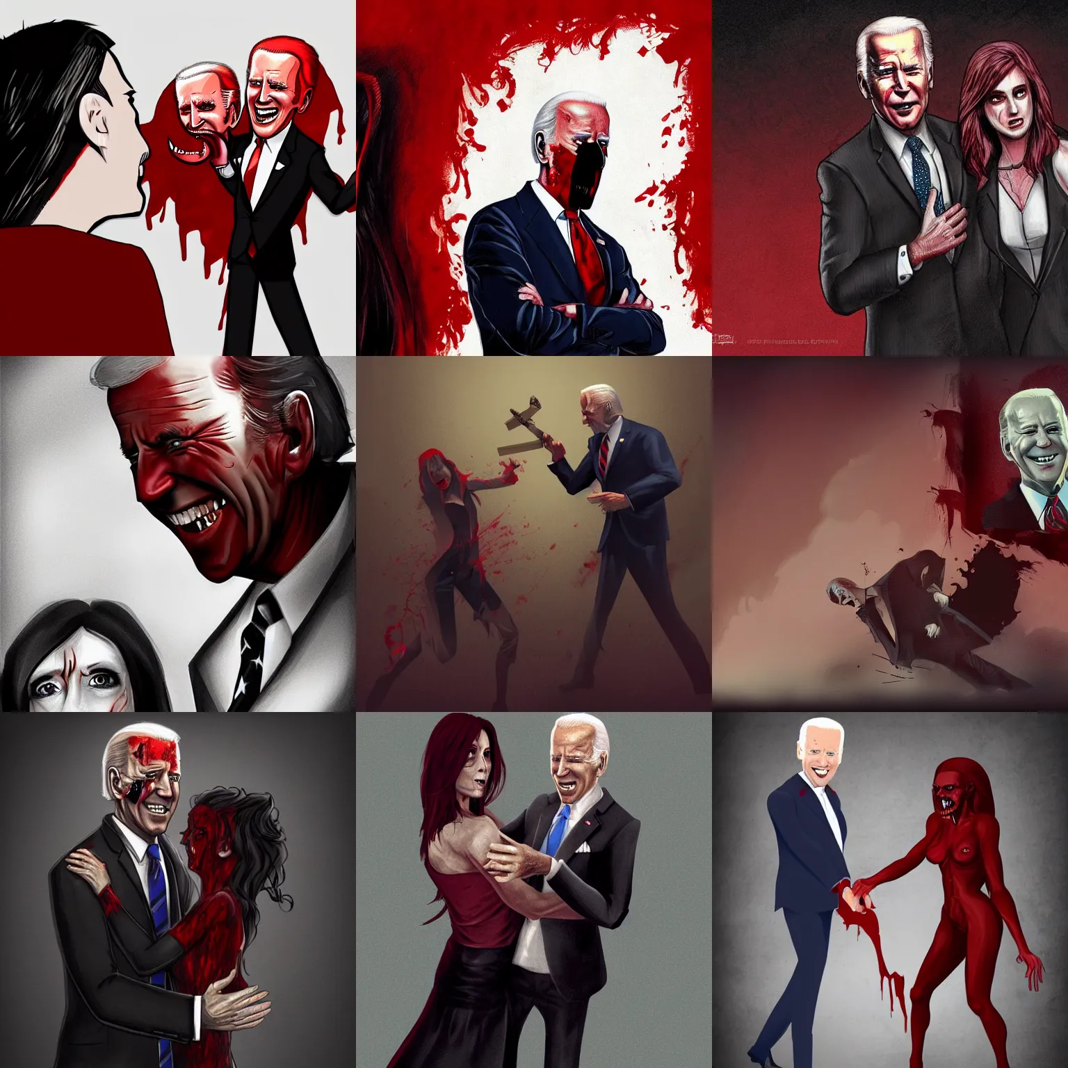 Prompt: joe biden but he's a bloody vampire attacking a woman, artstation, horror