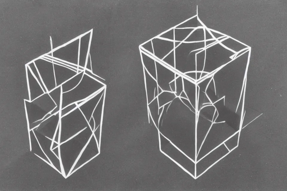 Image similar to geometric anamorphic drawing of a tesseract, by birdo, alex maksiov and john pugh