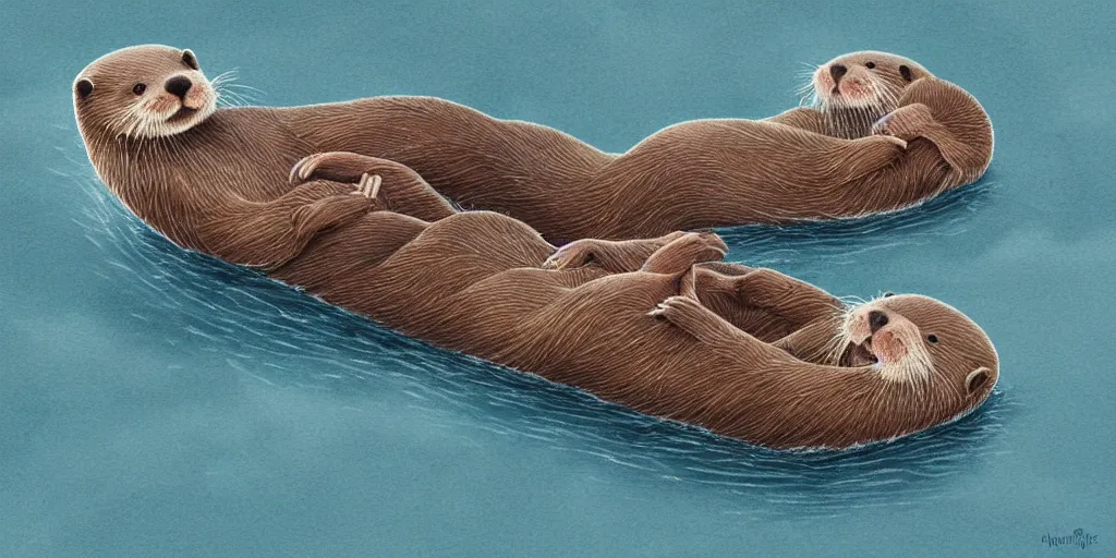 Prompt: otters hold hands while they sleep so nobody will drift away to the sea during the stormy night , fantasy illustration, cinematic, award winning, romantic, detailed trending on art station masterpiece